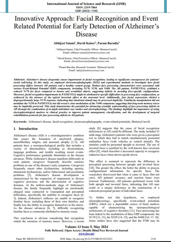 Facial Recognition and Event-Related Potential for Early Detection of Alzheimer's Disease
