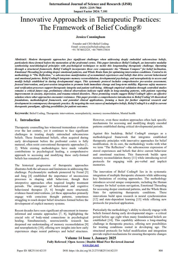 Innovative Approaches in Therapeutic Practices: The Framework of Belief Coding®